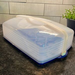 Vintage Tupperware sheet cake / cupcake carrier with cover and handle.